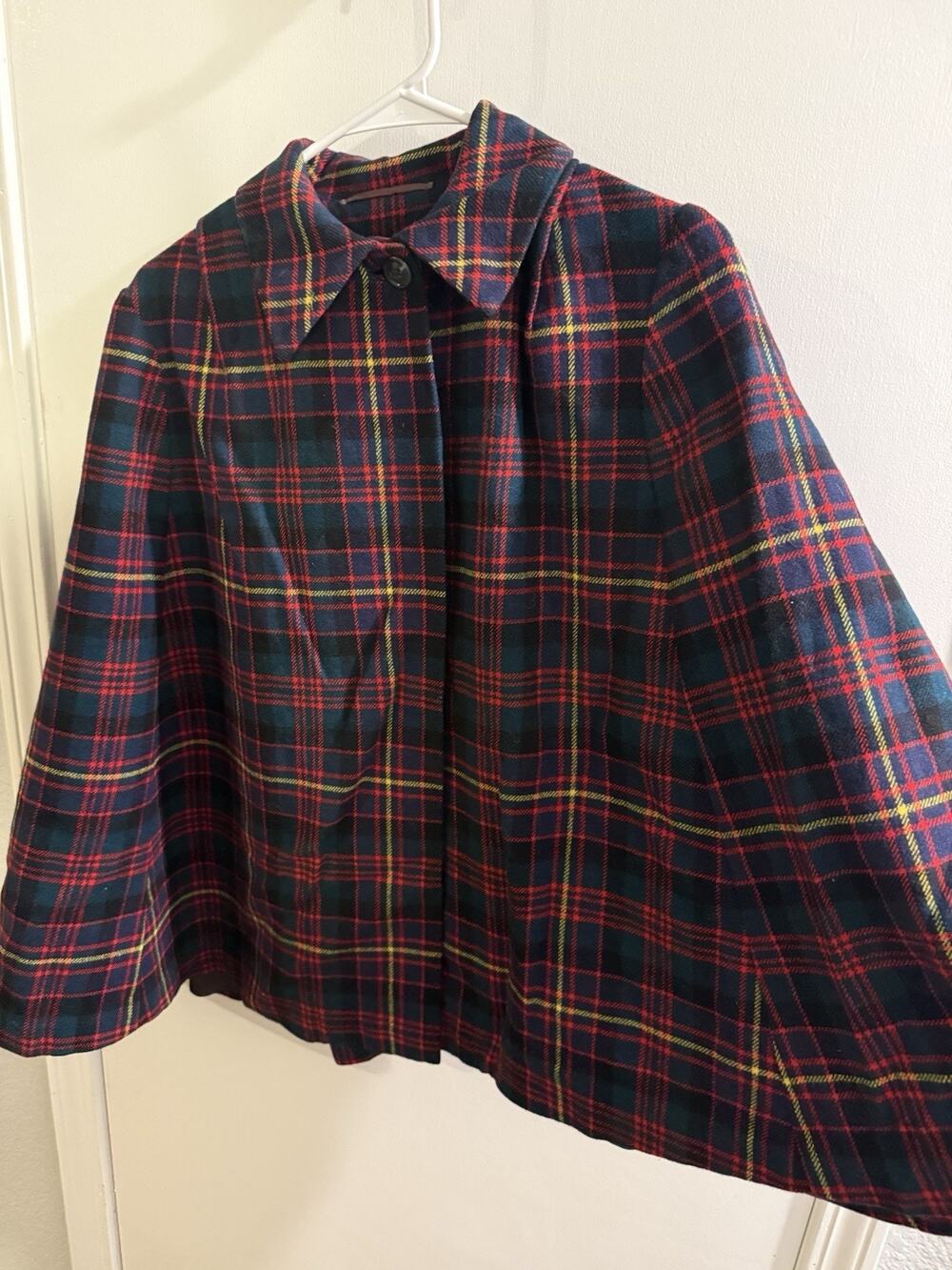 Vintage Plaid Tartan Cape Coat – Red Green Navy – One Size